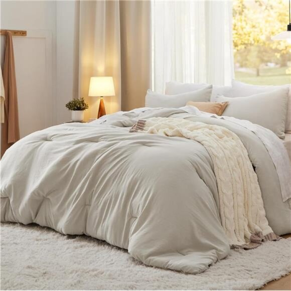 Bedsure King Size Comforter Set, Beige Soft Prewashed Bedding for All Seasons - Picture 1 of 7